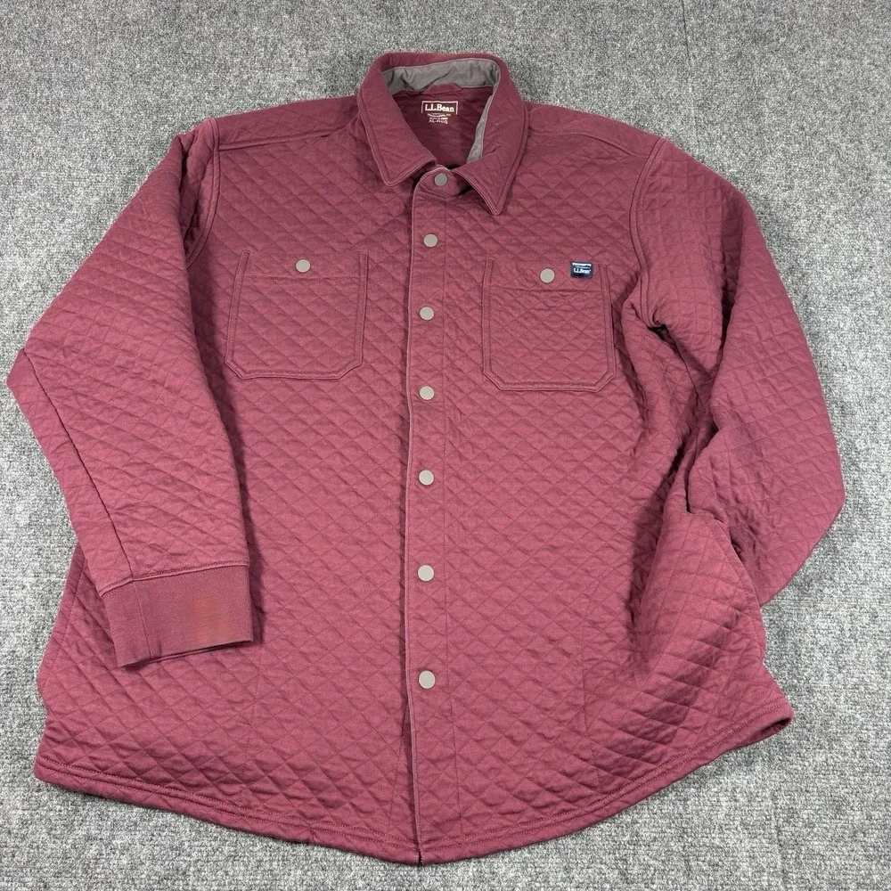 LL Bean Mens XL Traditional Fit Quilted Sweatshirt Snap Overshirt Shacket Maroon